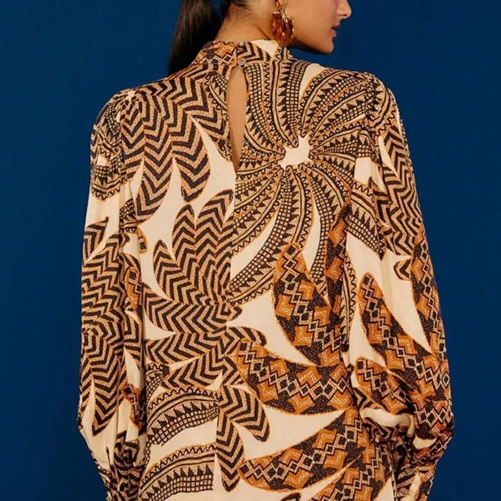 FARM RIO Vintage Patterned Long Sleeve - Yawanawa Banana Blouse - Size XS - NWT